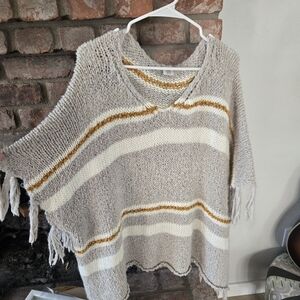 Striped Beige and White Women's Poncho Sweater
